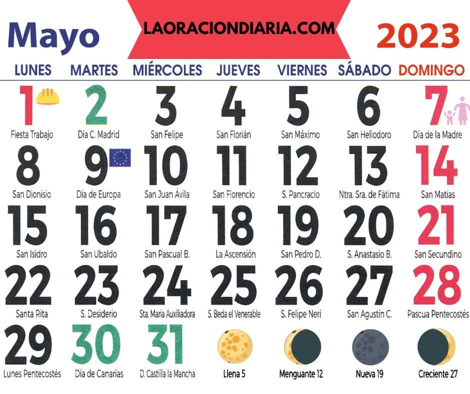 calendario mayo 2023 con santoral y lunas