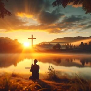 oración al amanecer con la presencia simbólica de Cristo