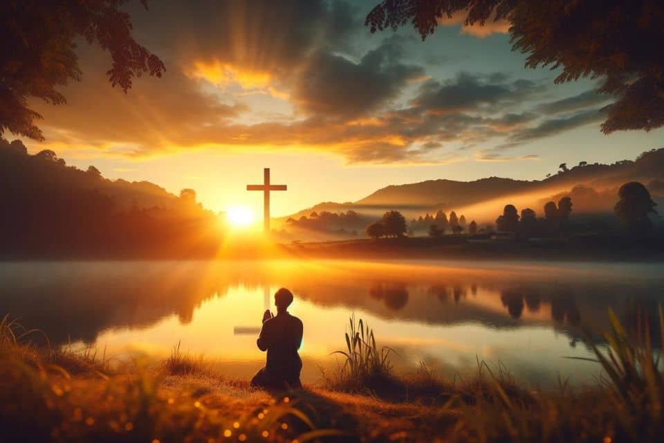 oración al amanecer con la presencia simbólica de Cristo