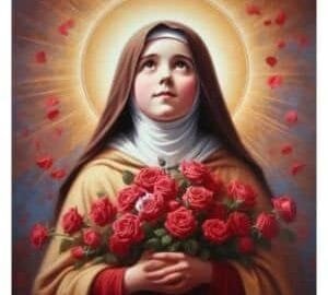 Santa Teresita del Niño Jesus con un ramo de rosas