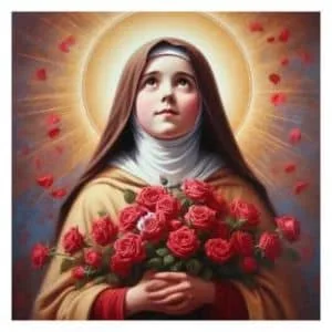 Santa Teresita del Niño Jesus con un ramo de rosas