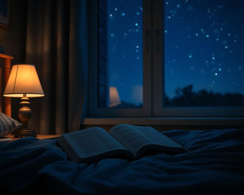 A dimly lit bedroom at night, with a bedside table and a small lamp emitting a soft, warm glow. On the table, an open Bible rests, its pages illuminated by the gentle light. Outside the window, the night sky is visible, dotted with twinkling stars. The room has a peaceful, contemplative atmosphere, inviting the viewer to engage in quiet reflection and spiritual contemplation before drifting off to sleep. Un dormitorio tenuemente iluminado por la noche, con una mesita de noche y una pequeña lámpara que emite una luz suave y cálida. Sobre la mesa, reposa una Biblia abierta, cuyas páginas se iluminan con la tenue luz. A través de la ventana, se divisa el cielo nocturno, salpicado de estrellas centelleantes. La habitación posee una atmósfera apacible y contemplativa, que invita al espectador a la reflexión silenciosa y la contemplación espiritual antes de quedarse dormido.