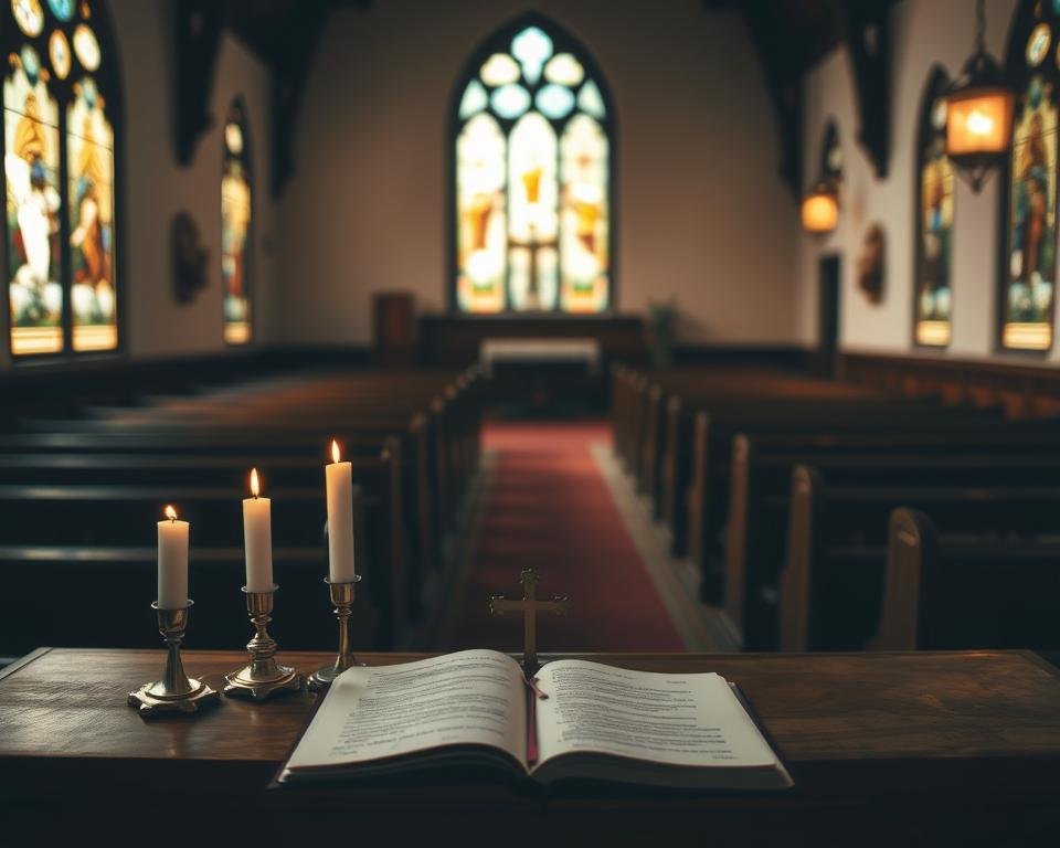 A dimly lit chapel, the stained glass windows casting a warm, ethereal glow. In the foreground, a simple wooden altar adorned with flickering candles and a delicate cross. On the altar, a handwritten prayer rests, its pages gently fluttering. In the middle ground, rows of wooden pews, their surfaces worn smooth by the touch of countless mourners. The background fades into a soft, muted hue, hinting at the solemnity and reverence of the space. The overall atmosphere is one of quiet contemplation, a sanctuary for those seeking solace and healing in the face of loss. Una capilla tenuemente iluminada, con vidrieras que proyectan un resplandor cálido y etéreo. En primer plano, un sencillo altar de madera adornado con velas parpadeantes y una delicada cruz. Sobre el altar, reposa una oración manuscrita, cuyas páginas se mueven suavemente. En segundo plano, filas de bancos de madera, con superficies desgastadas por el roce de innumerables dolientes. El fondo se difumina en un tono suave y apagado, insinuando la solemnidad y reverencia del espacio. La atmósfera general es de serena contemplación, un santuario para quienes buscan consuelo y sanación tras la pérdida