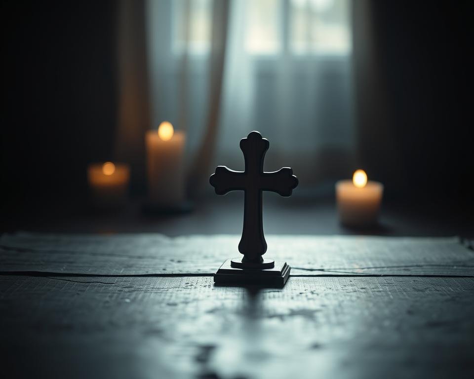 A serene, dimly lit interior setting with a central focus on a simple, ornate wooden cross placed upon a weathered, textured surface. Soft, diffused lighting illuminates the cross, casting gentle shadows and creating a reverent, contemplative atmosphere. In the background, blurred, hazy shapes suggest the presence of prayer candles or lit votives, their flickering flames casting a warm, somber glow. The overall mood is one of quiet reflection and soulful remembrance, evoking the solemnity and comfort of a private moment of prayer for a departed loved one. Un ambiente interior sereno y tenue, con una sencilla cruz de madera ornamentada como protagonista, colocada sobre una superficie desgastada y texturizada. Una luz suave y difusa ilumina la cruz, proyectando sombras suaves y creando una atmósfera reverente y contemplativa. Al fondo, unas formas borrosas e inciertas sugieren la presencia de velas de oración o velas votivas encendidas, cuyas llamas parpadeantes proyectan un resplandor cálido y sombrío. El ambiente general es de serena reflexión y un conmovedor recuerdo, evocando la solemnidad y la comodidad de un momento privado de oración por un ser querido fallecido.