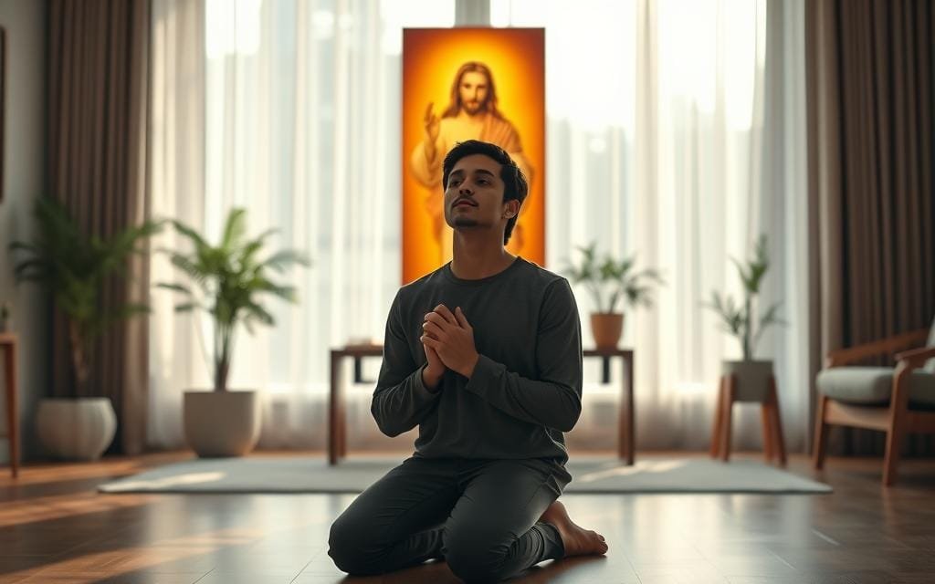 A serene morning scene of a person kneeling in prayer before a warm, glowing image of Jesus Christ. Soft, natural lighting filters through a large window, casting a peaceful ambiance. The figure's face is tranquil, hands clasped in reverence. Behind them, a minimalist, yet elegant interior with wooden furnishings and potted plants creates a contemplative atmosphere. The composition is balanced, drawing the viewer's focus to the central act of devotion. A sense of quiet intimacy and spiritual connection permeates the scene, inviting the observer to pause and join in a morning communion with the divine. Una serena escena matutina muestra a una persona arrodillada en oración ante una imagen cálida y resplandeciente de Jesucristo. La suave luz natural se filtra a través de un gran ventanal, creando una atmósfera de paz. El rostro de la figura se muestra sereno, con las manos entrelazadas en reverencia. Tras ella, un interior minimalista pero elegante, con muebles de madera y plantas en macetas, crea una atmósfera contemplativa. La composición es equilibrada, atrayendo la atención del espectador hacia el acto central de devoción. Una sensación de serena intimidad y conexión espiritual impregna la escena, invitando al observador a detenerse y unirse a una comunión matutina con lo divino.