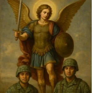 San Miguel Arcángel protegiendo a dos soldados latinos en uniforme militar estadounidense, simbolizando fe y defensa espiritual