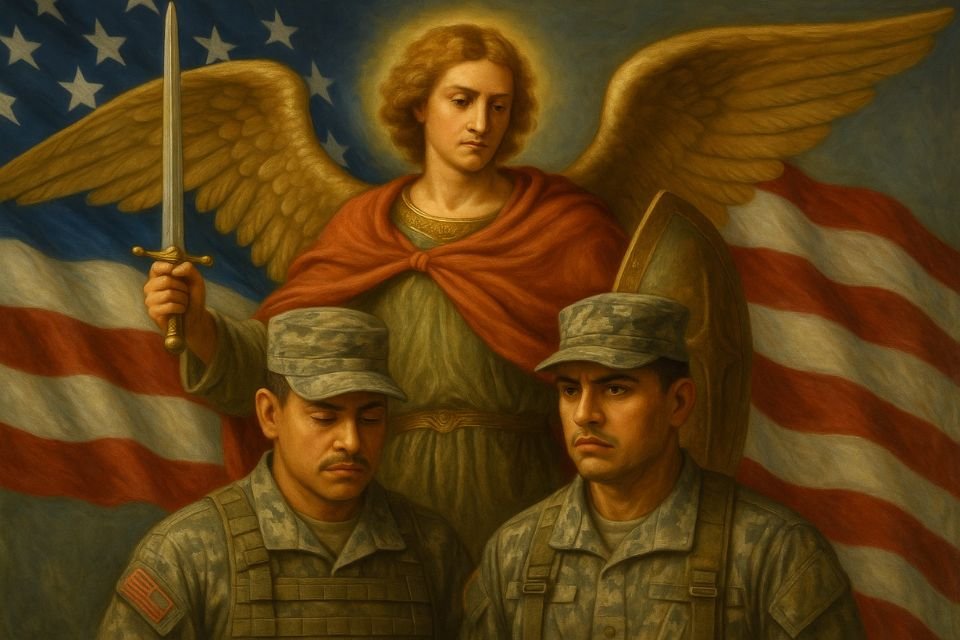 San Miguel Arcangel protegiendo a soldados latinos frente a la bandera de Estados Unidos, simbolo de fe, valentia y unidad patriotica
