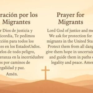 Oración por los migrantes en Estados Unidos en español e inglés, con fondo cálido al atardecer y una cruz en el centro, simbolizando fe y protección divina.