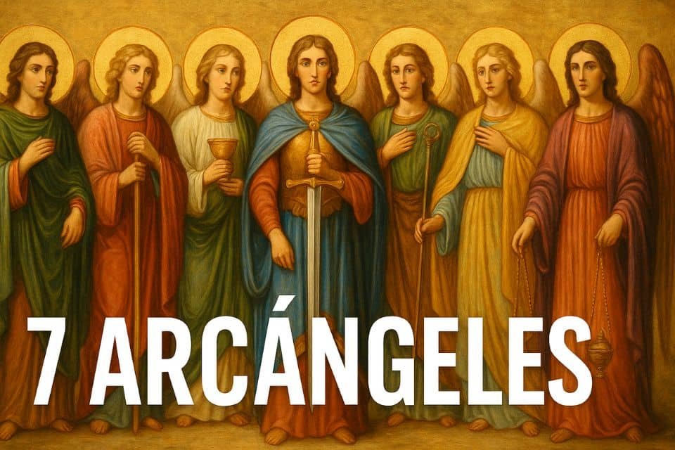 los 7 Arcángeles en estilo clásico, cada uno con su atributo celestial, representando poder, protección y guía espiritual