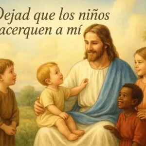 Jesús rodeado de niños con alegría en un paisaje luminoso, reflejando la enseñanza bíblica: Dejad que los niños se acerquen a mí, porque de ellos es el Reino de los cielos