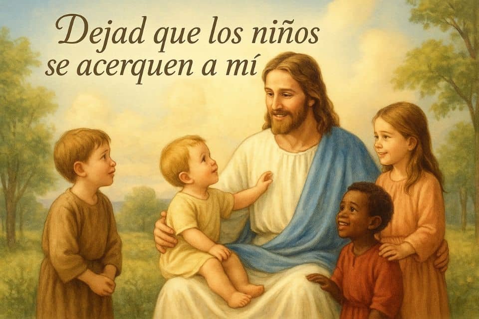 Jesús rodeado de niños con alegría en un paisaje luminoso, reflejando la enseñanza bíblica: Dejad que los niños se acerquen a mí, porque de ellos es el Reino de los cielos