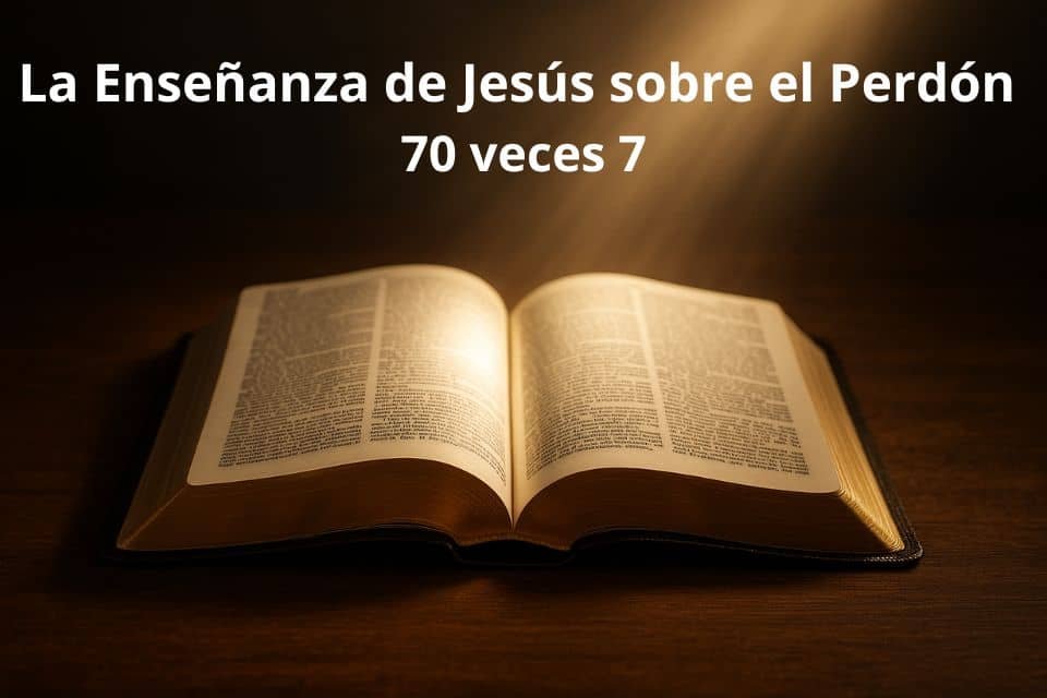 Biblia abierta iluminada representando la enseñanza de Jesús sobre el perdon 70 veces 7
