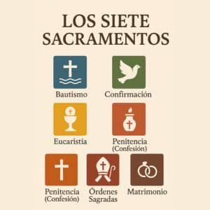 Infografía de los siete sacramentos de la Iglesia Católica: Bautismo, Confirmación, Eucaristía, Penitencia, Unción de los Enfermos, Órdenes Sagradas y Matrimonio, con iconos religiosos en colores cálidos sobre fondo beige