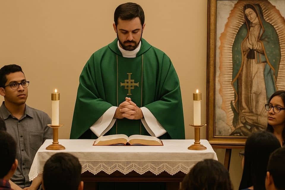 Sacerdote celebrando misa católica con comunidad hispana e imagen de la Virgen de Guadalupe en Estados Unidos