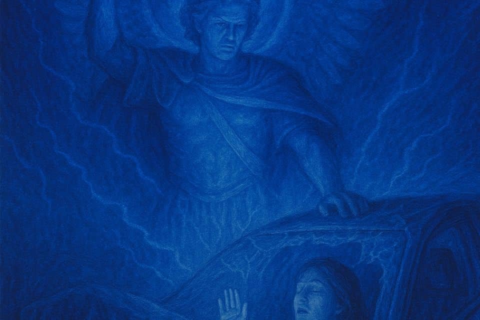 Pintura digital en tonos azul eléctrico e índigo que muestra al Arcángel Miguel protegiendo a una mujer en un accidente de auto, irradiando luz divina y sosteniendo su espada mientras la mujer es salvada por su energía celestial