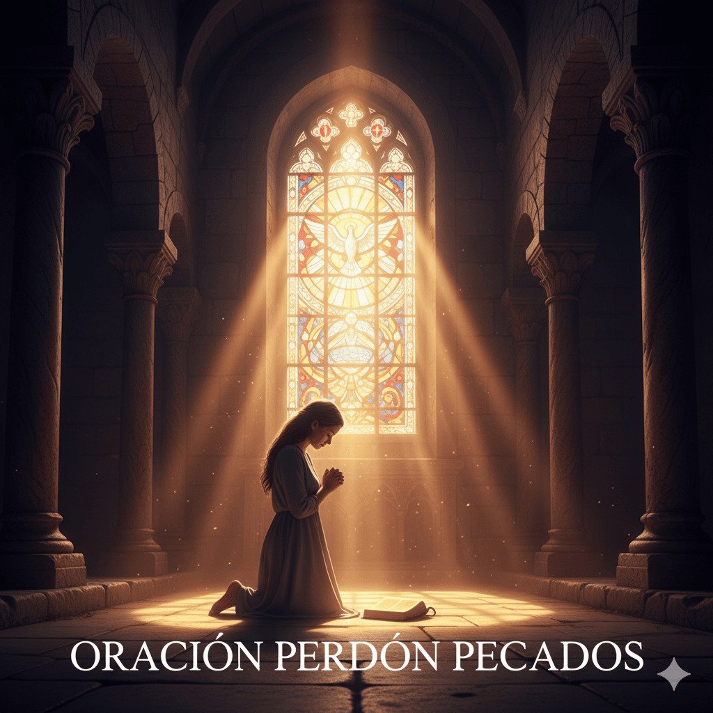 Una mujer joven, vestida con una túnica sencilla, arrodillada en el suelo de una iglesia antigua con las manos juntas en oración. Rayos de luz dorada se irradian desde una vidriera que representa una paloma, iluminando la escena y creando una atmósfera de solemnidad y esperanza. La frase "ORACIÓN PERDÓN PECADOS" está escrita en la parte inferior de la imagen