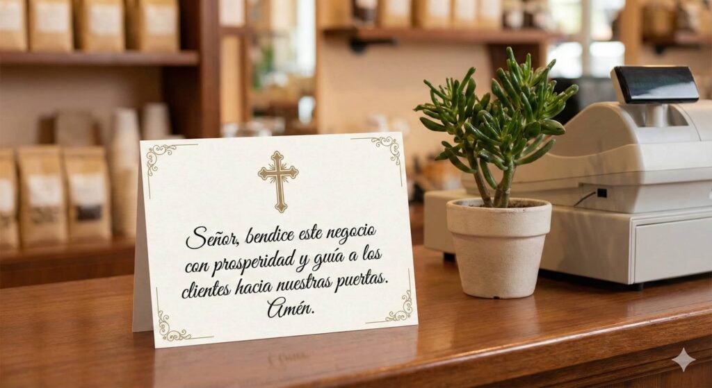 cartel en un mostrador con la bendicion para este negocio